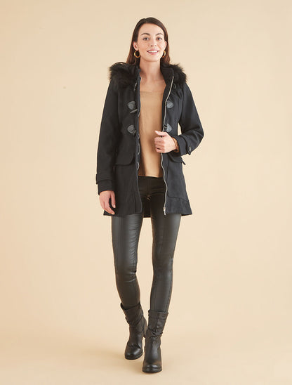 Duffle coat à capuche à fourrure - Noir - 4