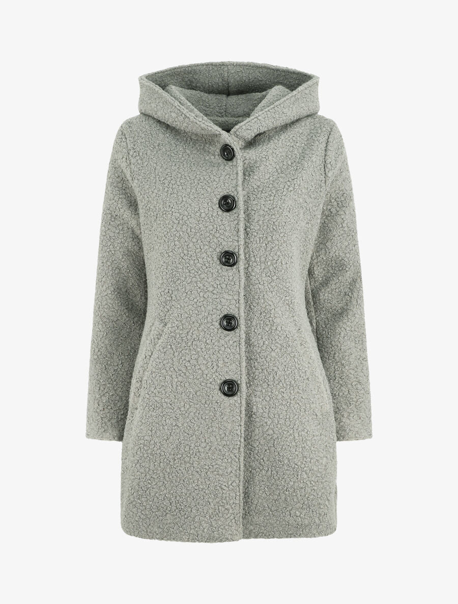 Manteau mi-long bouclé à capuche - Gris - 1