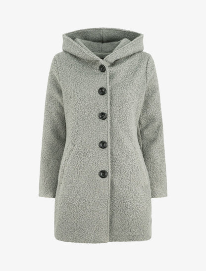 Manteau mi-long bouclé à capuche - Gris - 1