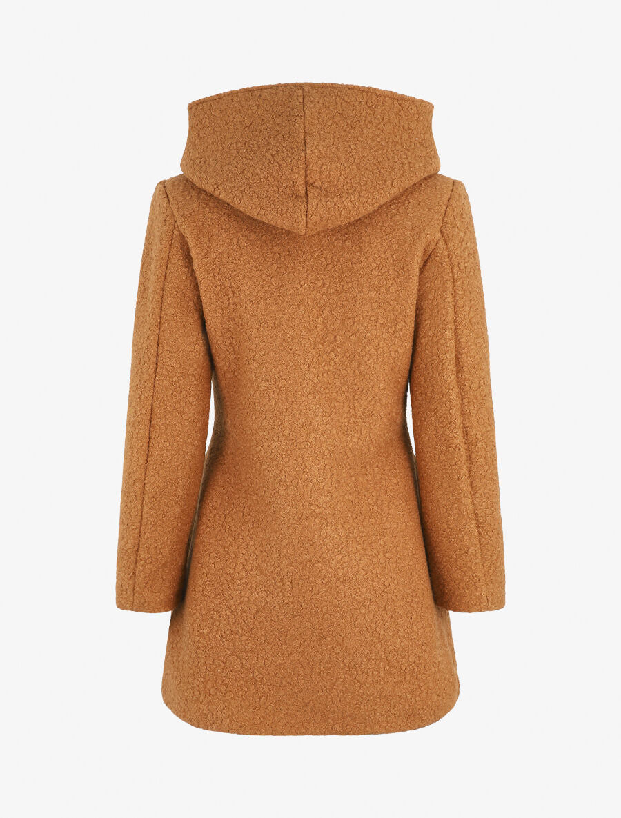 Manteau mi-long bouclé à capuche - Camel - 2