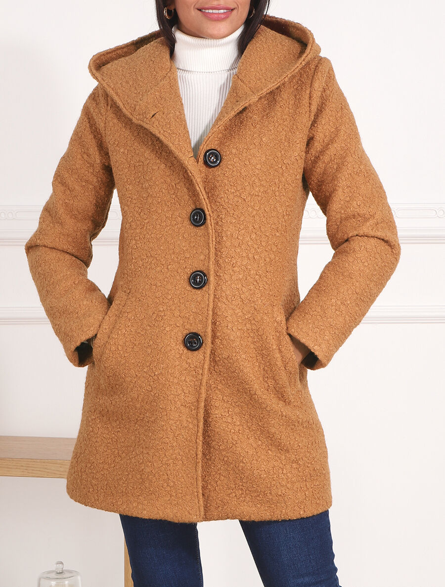 Manteau mi-long bouclé à capuche - Camel - 4