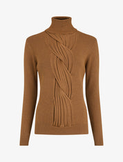 Pull uni à col roulé et motif torsade - Camel - 1