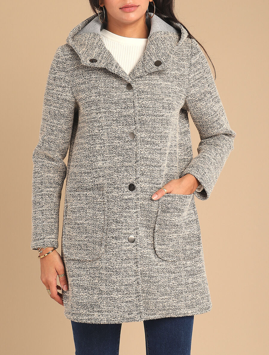 Manteau mi-long chiné à capuche - Beige - 4