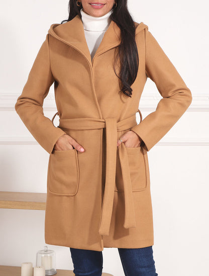 Manteau long à capuche et col châle - Camel - 4