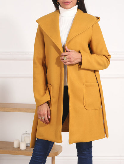 Manteau long à capuche et col châle - Moutarde - 4