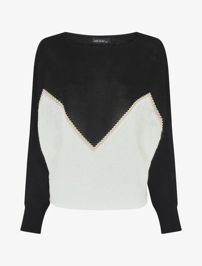 Pull bicolore à liseré doré zigzag - Noir - 5