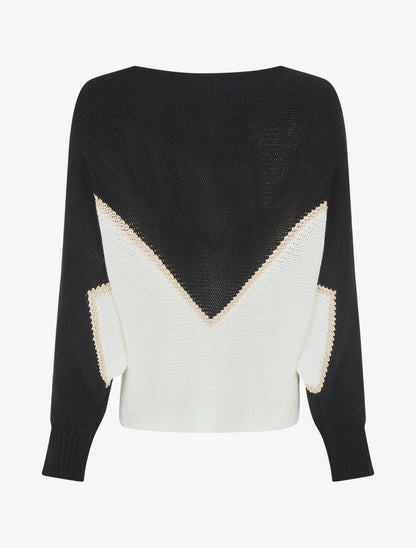 Pull bicolore à liseré doré zigzag - Noir - 2