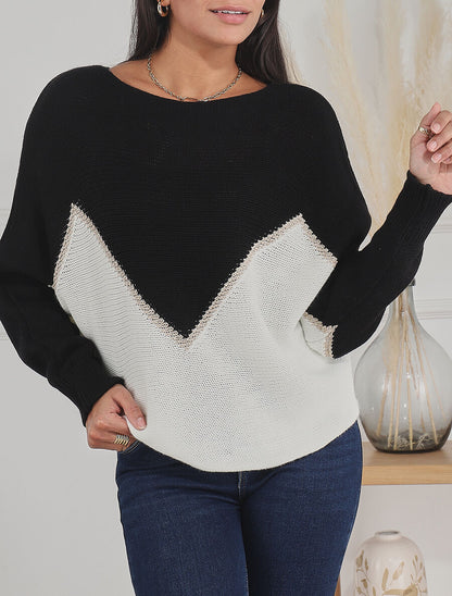 Pull bicolore à liseré doré zigzag - Noir - 4