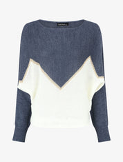 Pull bicolore à liseré doré zigzag - Bleu - 1