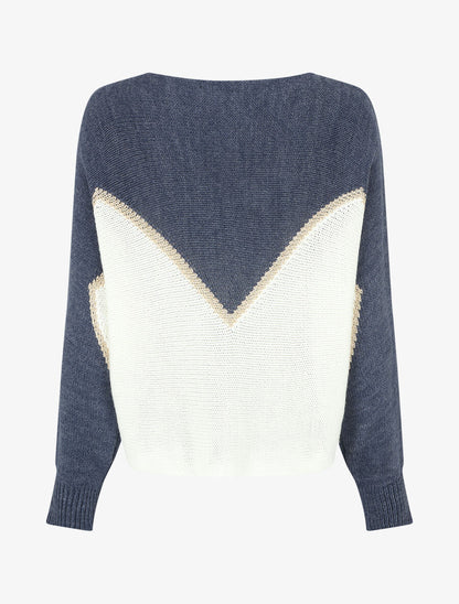 Pull bicolore à liseré doré zigzag - Bleu - 2