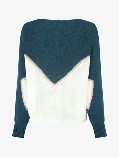 Pull bicolore à liseré doré zigzag - Bleu canard - 2