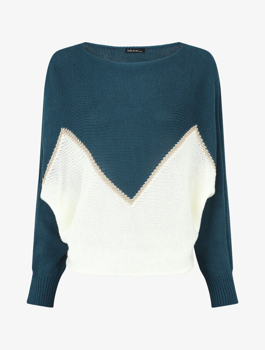Pull bicolore à liseré doré zigzag - Bleu canard - 5