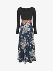 Robe longue empire à jupe fleurie - Marine - 1