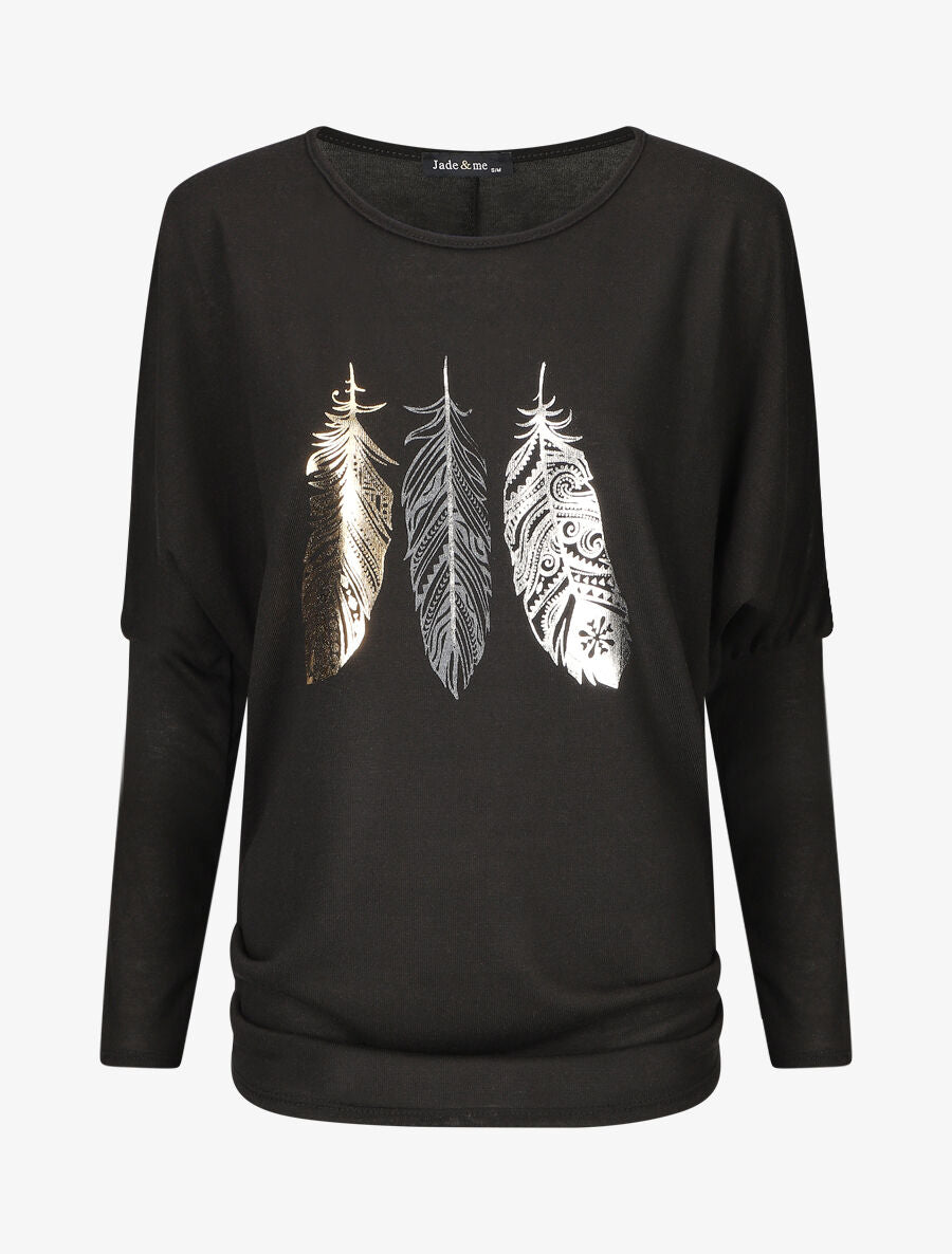 Pull ample à imprimé plumes irisées - Noir - 1