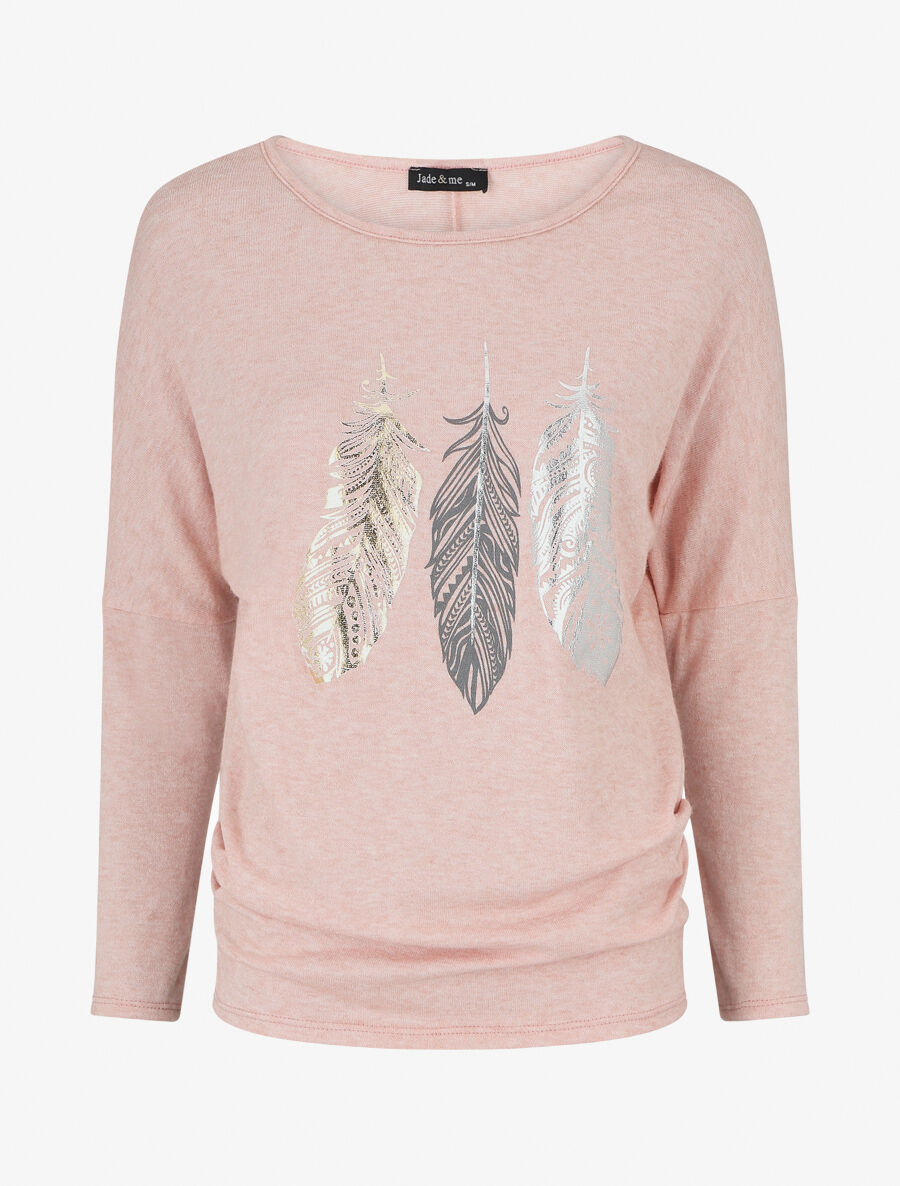 Pull ample à imprimé plumes irisées - Rose - 1