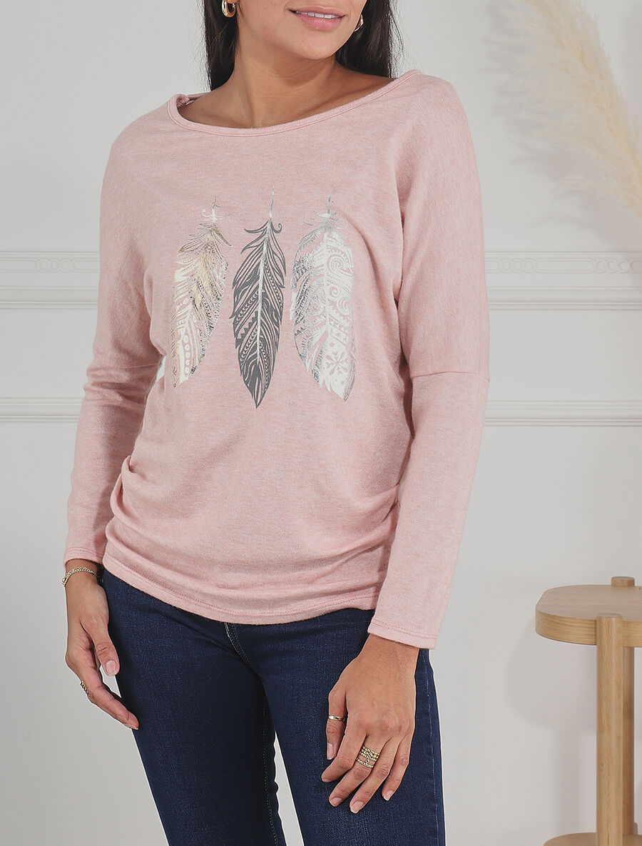 Pull ample à imprimé plumes irisées - Rose - 4