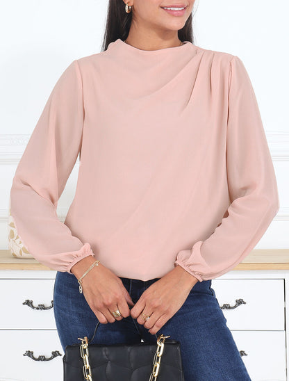 Top uni à col drapé - Rose - 4