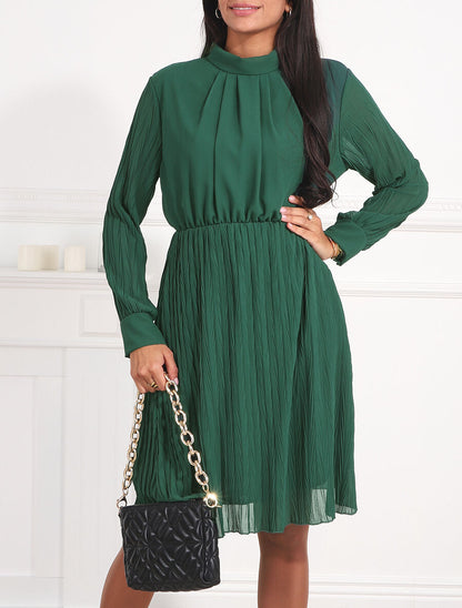 Robe longue à jupe et manches plissées - Vert sapin - 4