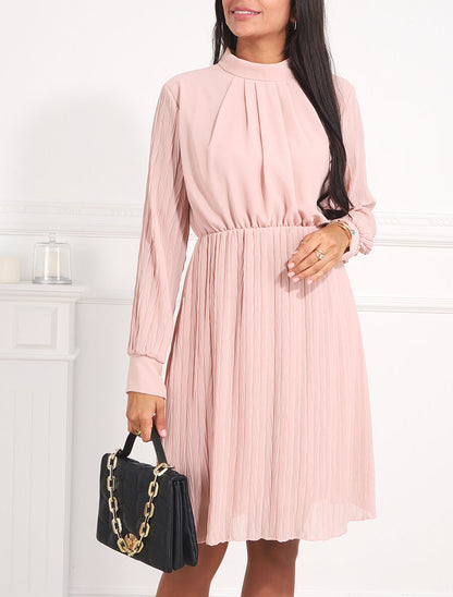 Robe longue à jupe et manches plissées - Rose - 4