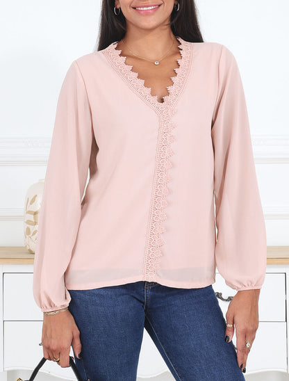 Blouse en voile unie à col brodé - Rose - 4