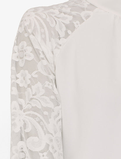 Blouse en voile unie à manches en dentelle - Blanc - 3