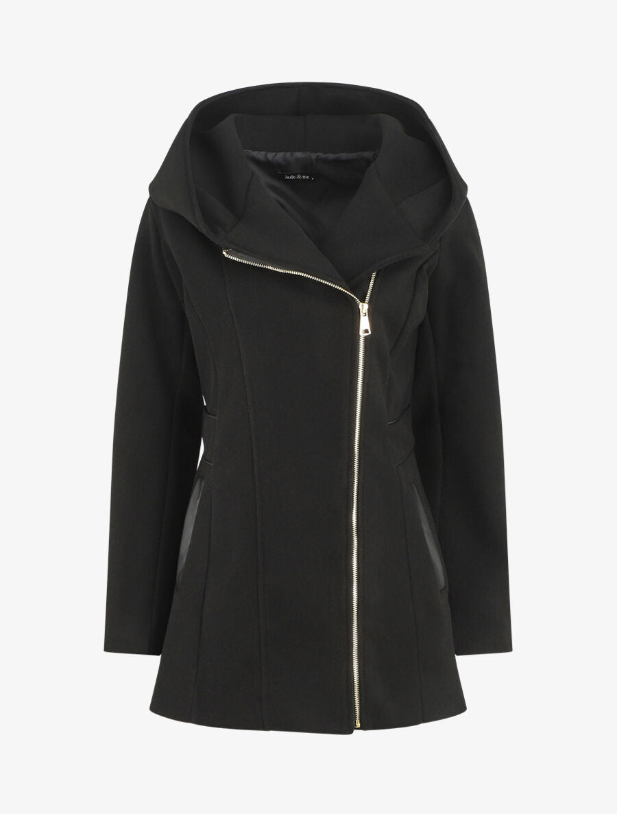 Manteau mi-long à capuche et zip - Noir - 4