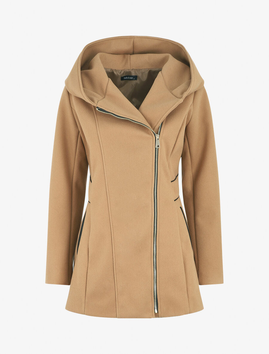 Manteau mi-long à capuche et zip - Camel - 5