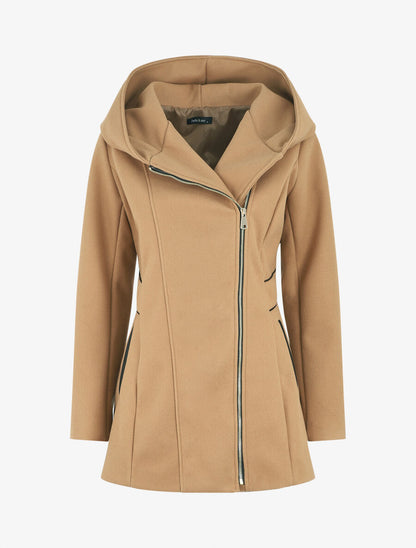 Manteau mi-long à capuche et zip - Camel - 5