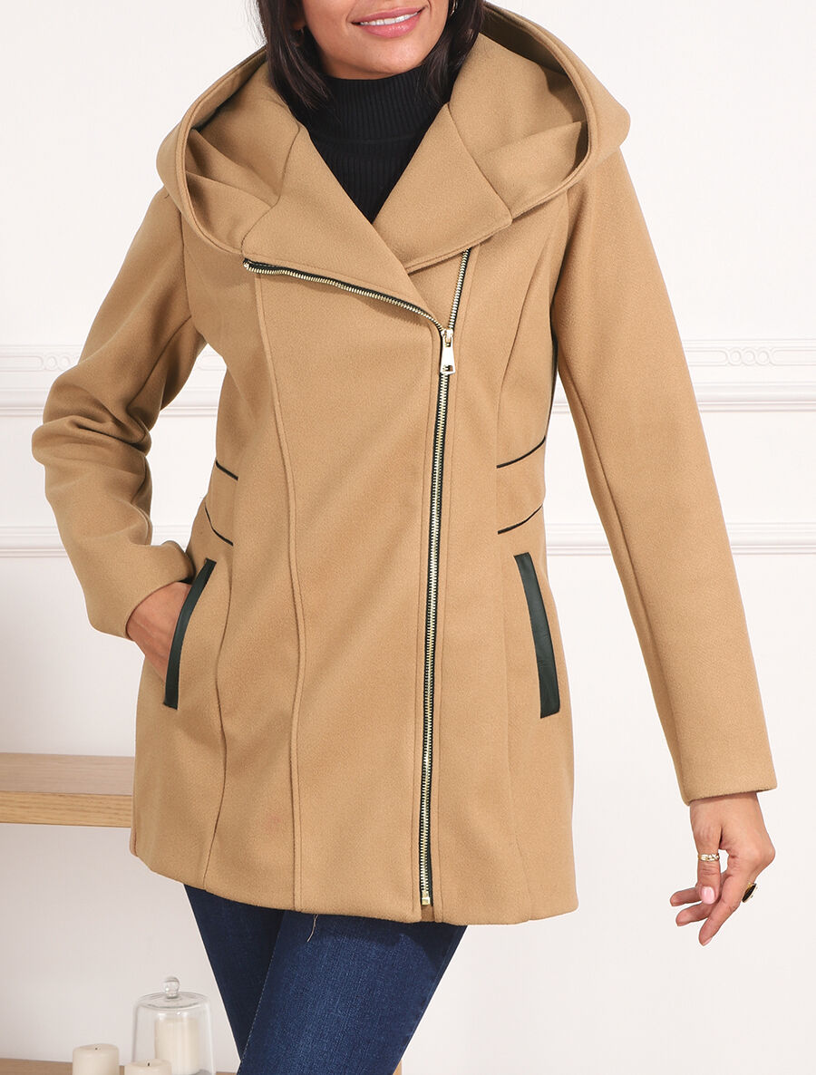 Manteau mi-long à capuche et zip - Camel - 4