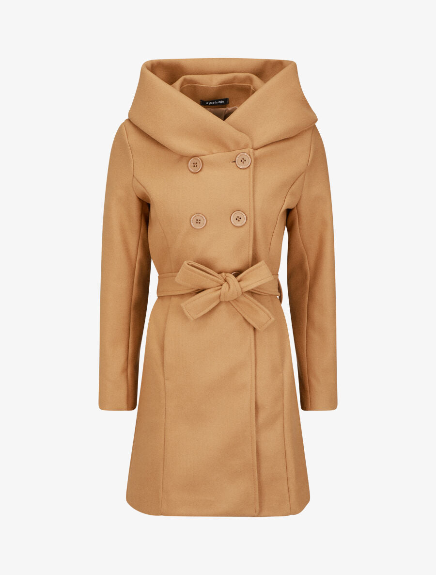 Manteau mi-long ceinturé à capuche - Camel - 1