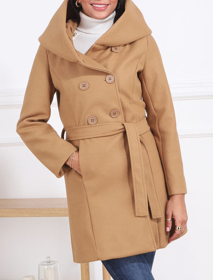 Manteau mi-long ceinturé à capuche - Camel - 3