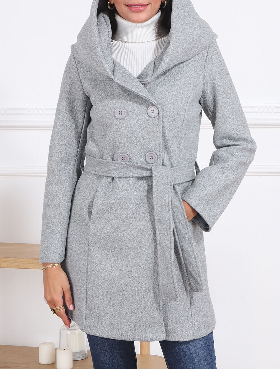 Manteau mi-long ceinturé à capuche - Gris - 3
