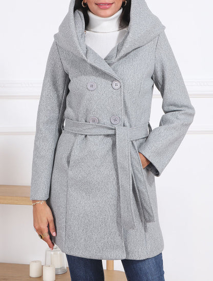 Manteau mi-long ceinturé à capuche - Gris - 3
