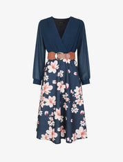 Robe longue à fleurs et col cache-coeur - Marine - 1