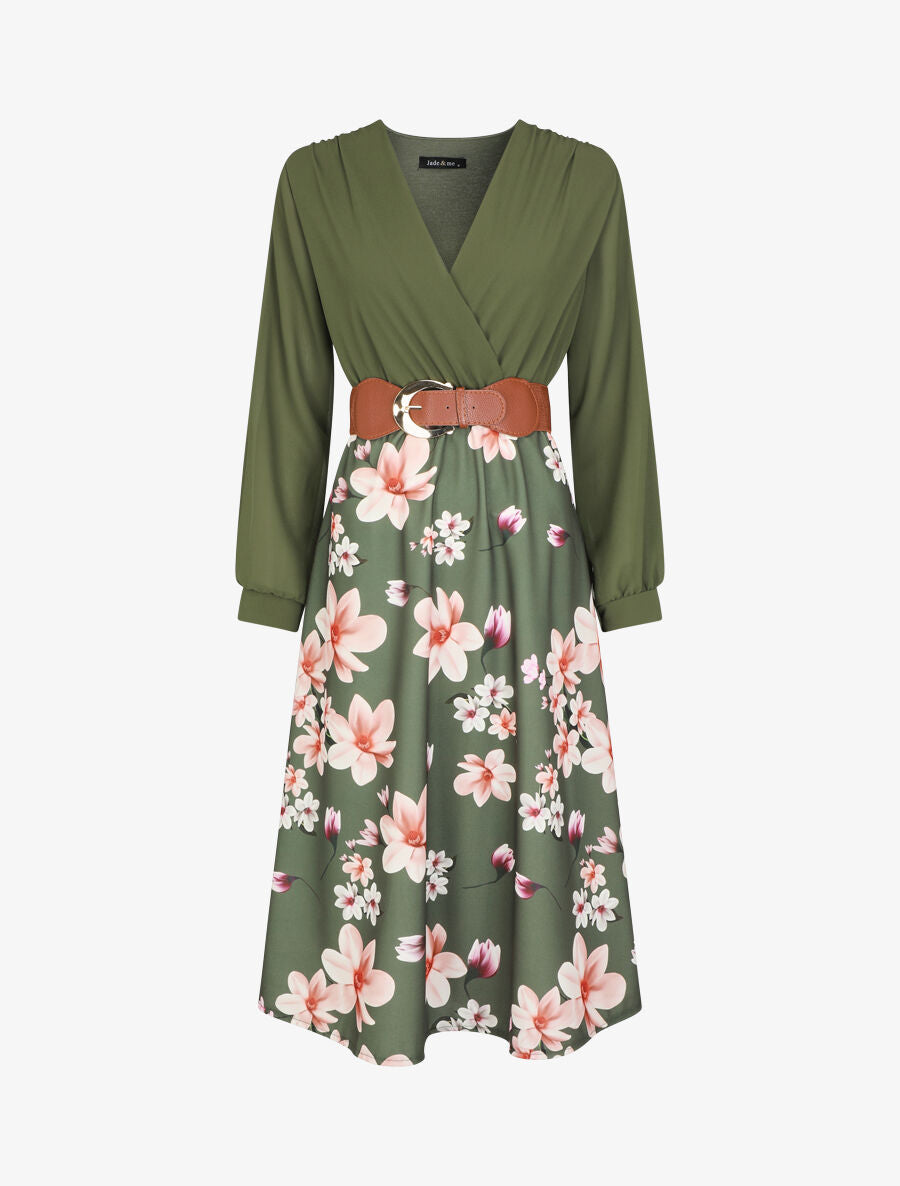 Robe longue à fleurs et col cache-coeur - Kaki - 1