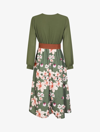 Robe longue à fleurs et col cache-coeur - Kaki - 2