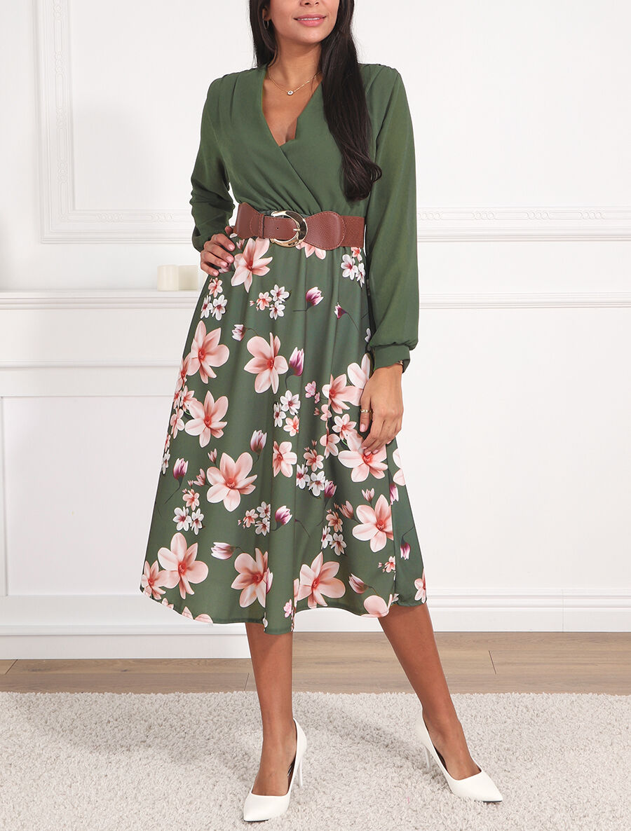 Robe longue à fleurs et col cache-coeur - Kaki - 4
