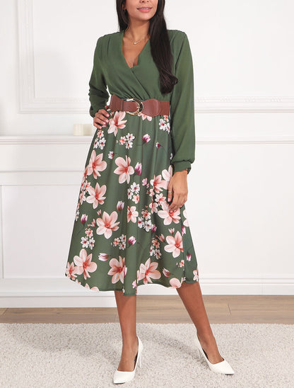 Robe longue à fleurs et col cache-coeur - Kaki - 4