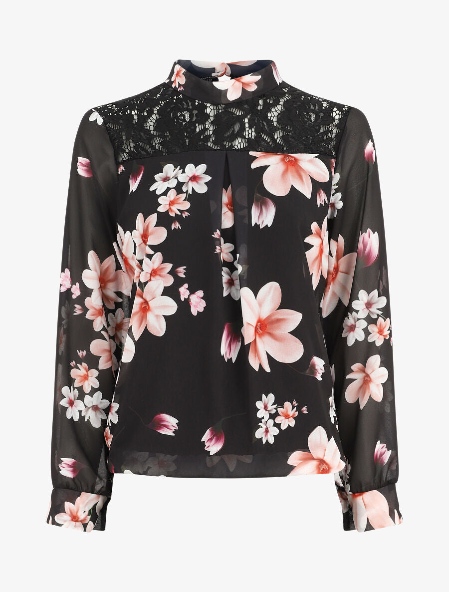 Top fleuri en dentelle - Noir - 5