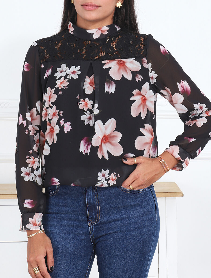 Top fleuri en dentelle - Noir - 4
