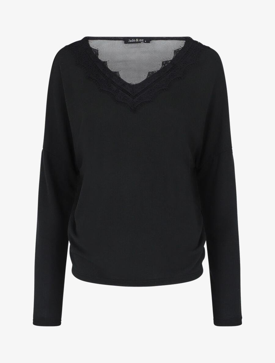 Pull fin à col V et dos en dentelle - Noir - 1