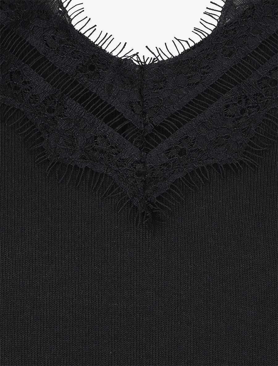 Pull fin à col V et dos en dentelle - Noir - 3