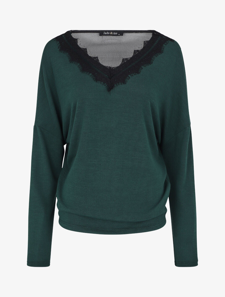 Pull fin à col V et dos en dentelle - Vert - 1