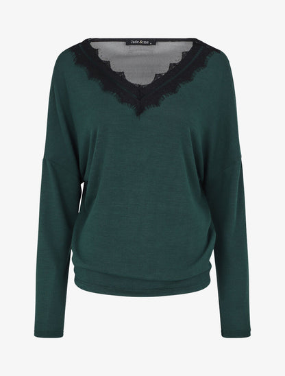 Pull fin à col V et dos en dentelle - Vert - 1