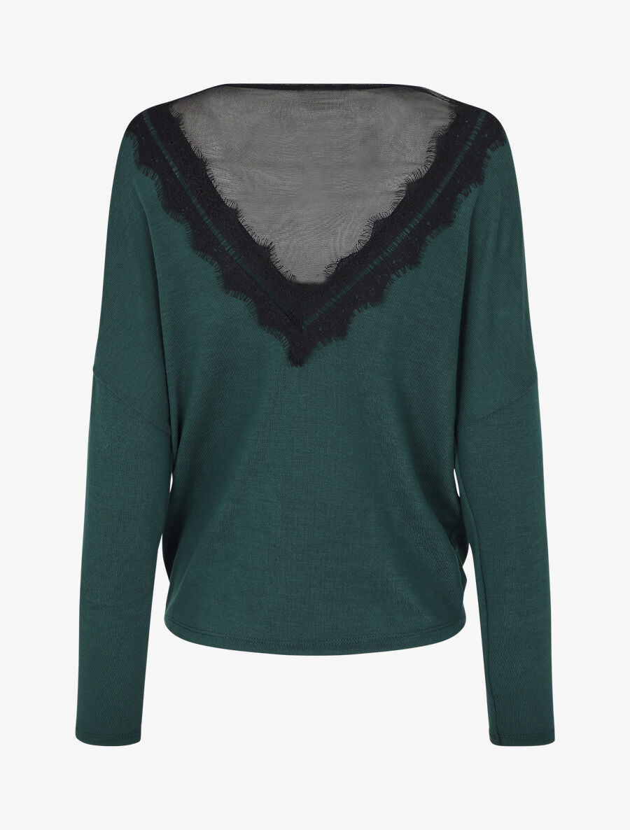 Pull fin à col V et dos en dentelle - Vert - 2