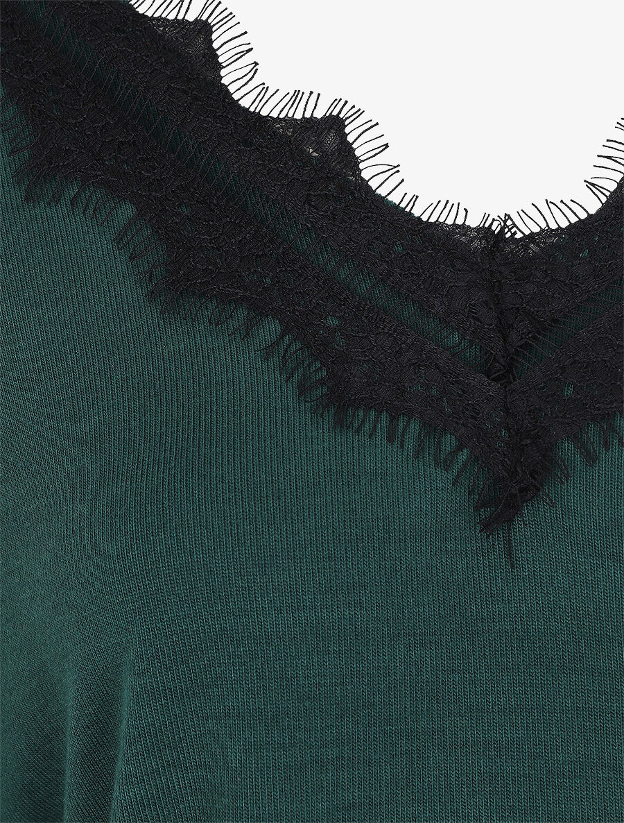Pull fin à col V et dos en dentelle - Vert - 3