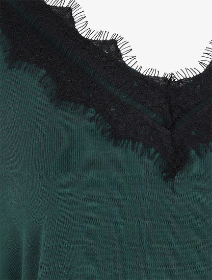 Pull fin à col V et dos en dentelle - Vert - 3