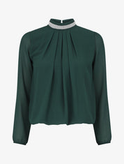 Top en voile uni à col bijoux - Vert sapin - 1
