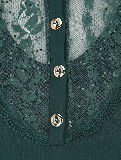 Robe droite à manches en dentelle et sequins - Vert sapin - 3