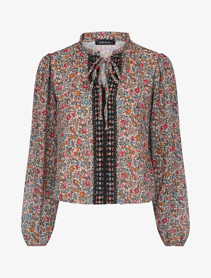 Top fluide imprimé fleuri à liens - Beige - 1